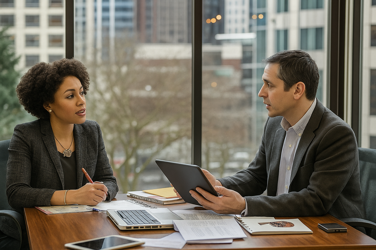 Paralegal consulting with client about legal matters in Ontario office