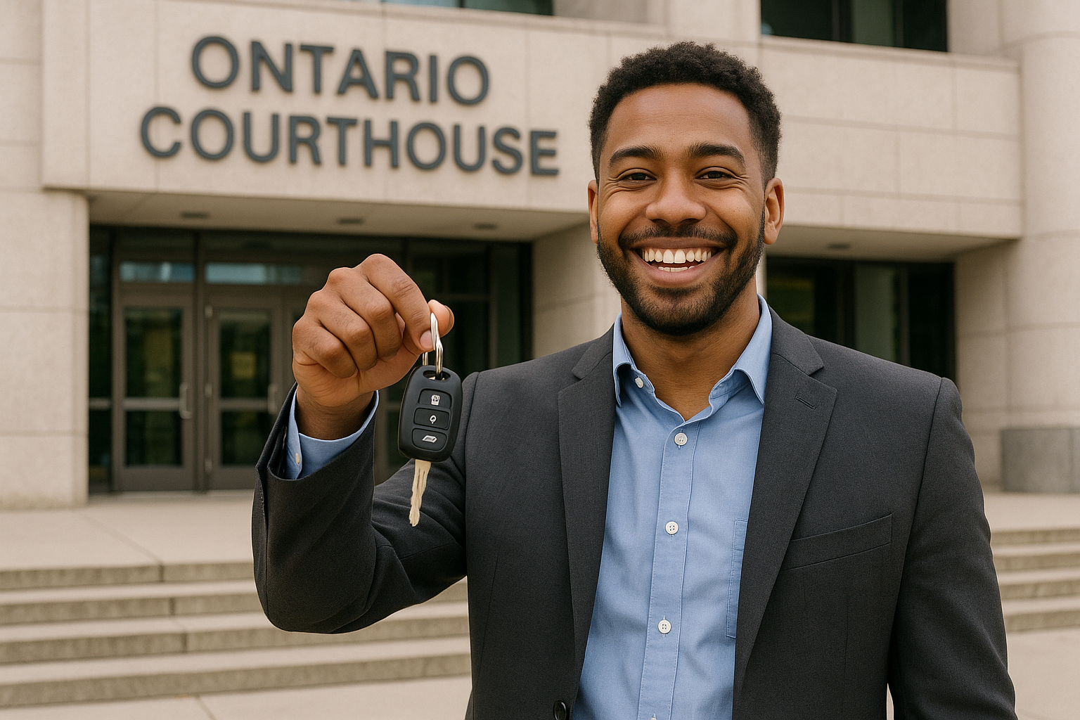 Smiling Ontario driver holding car keys outside courthouse after successful traffic offence defence.