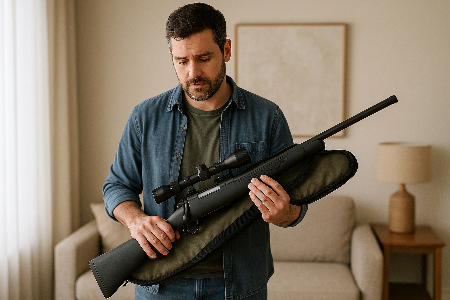 Concerned licensed firearm owner handling a rifle at home, representing the type of individuals commonly charged under section 86(3) of the Criminal Code.