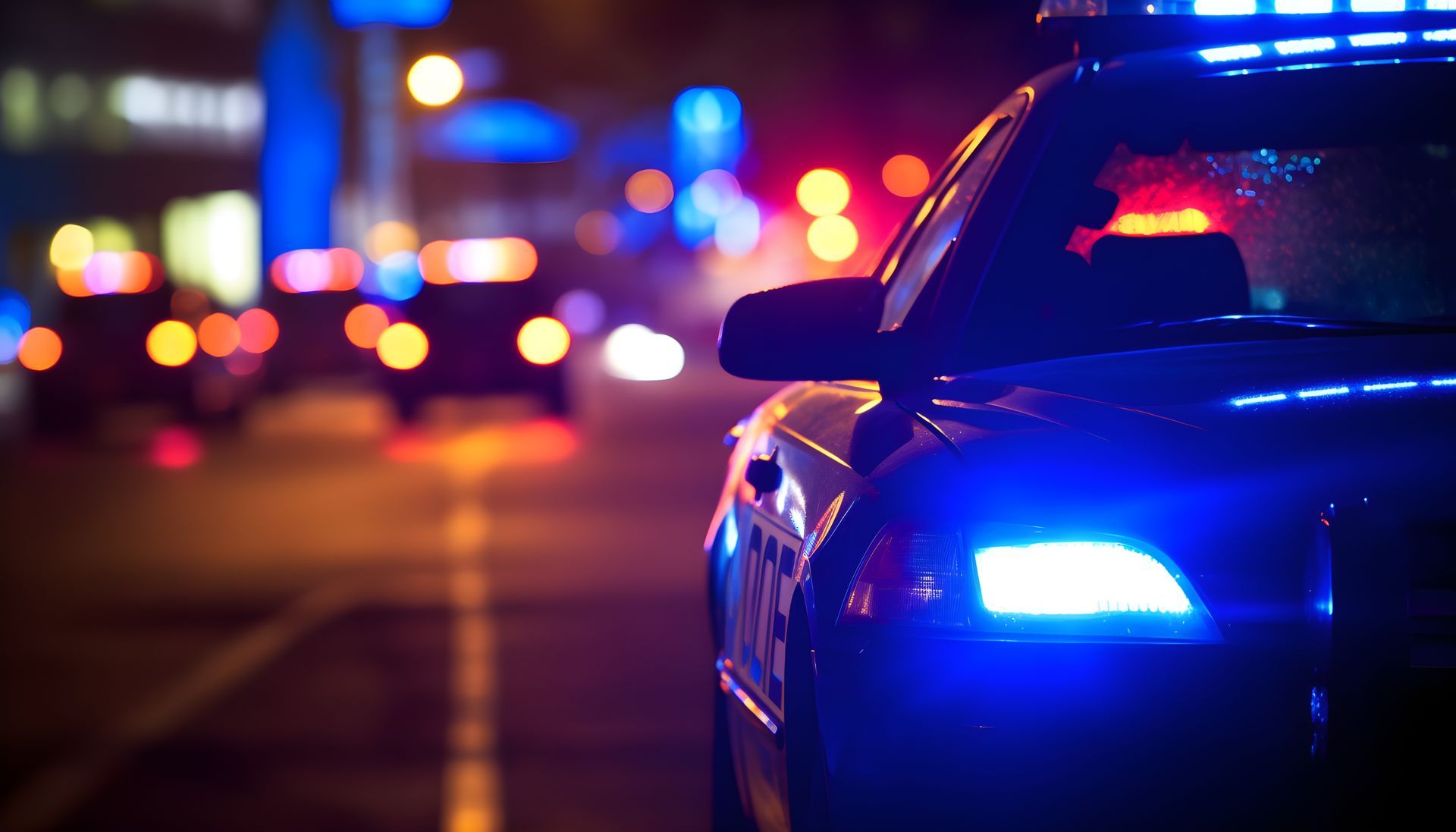 Police car with flashing lights at night — representing a traffic stop where prohibited driving may be discovered.