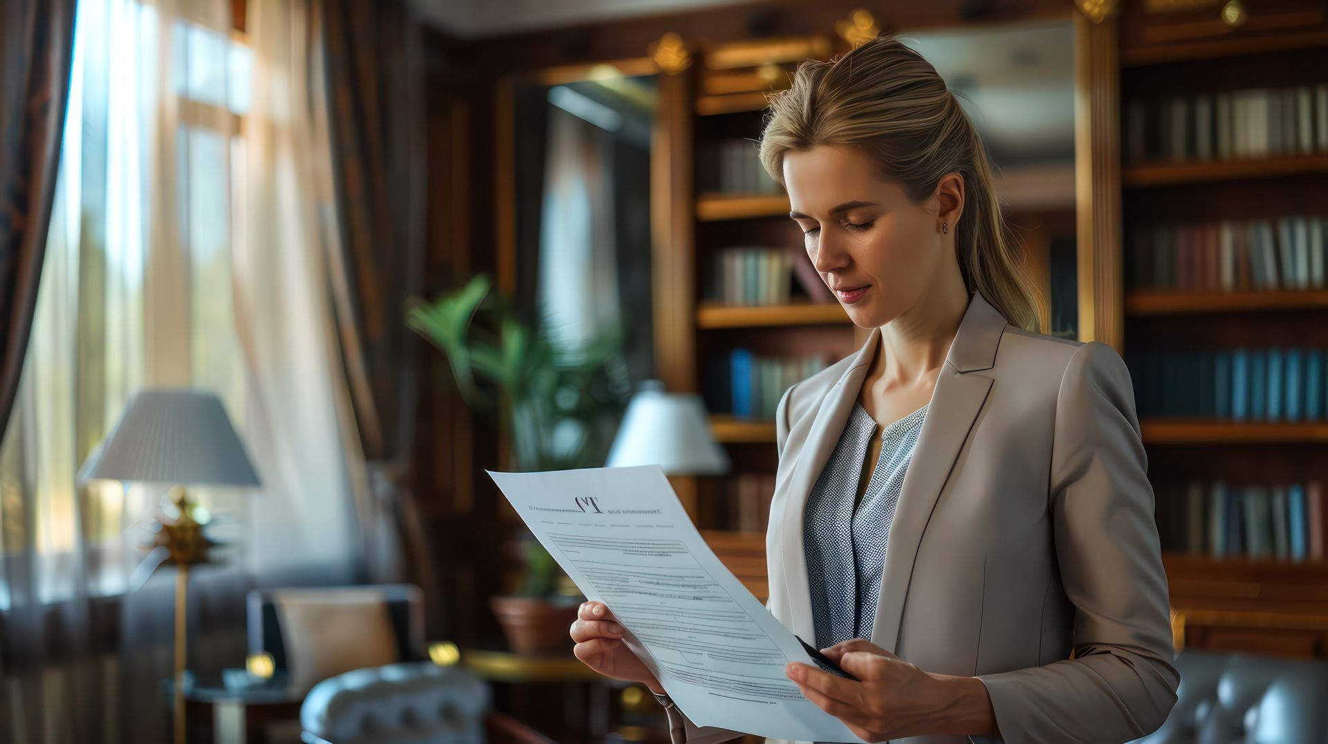 Professional woman reviewing a legal document in a law office, representing common scenarios that can lead to breach of court order charges under Section 127(1) of the Criminal Code.