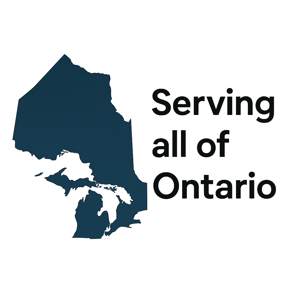 Map of Ontario in dark navy with the words “Serving all of Ontario.