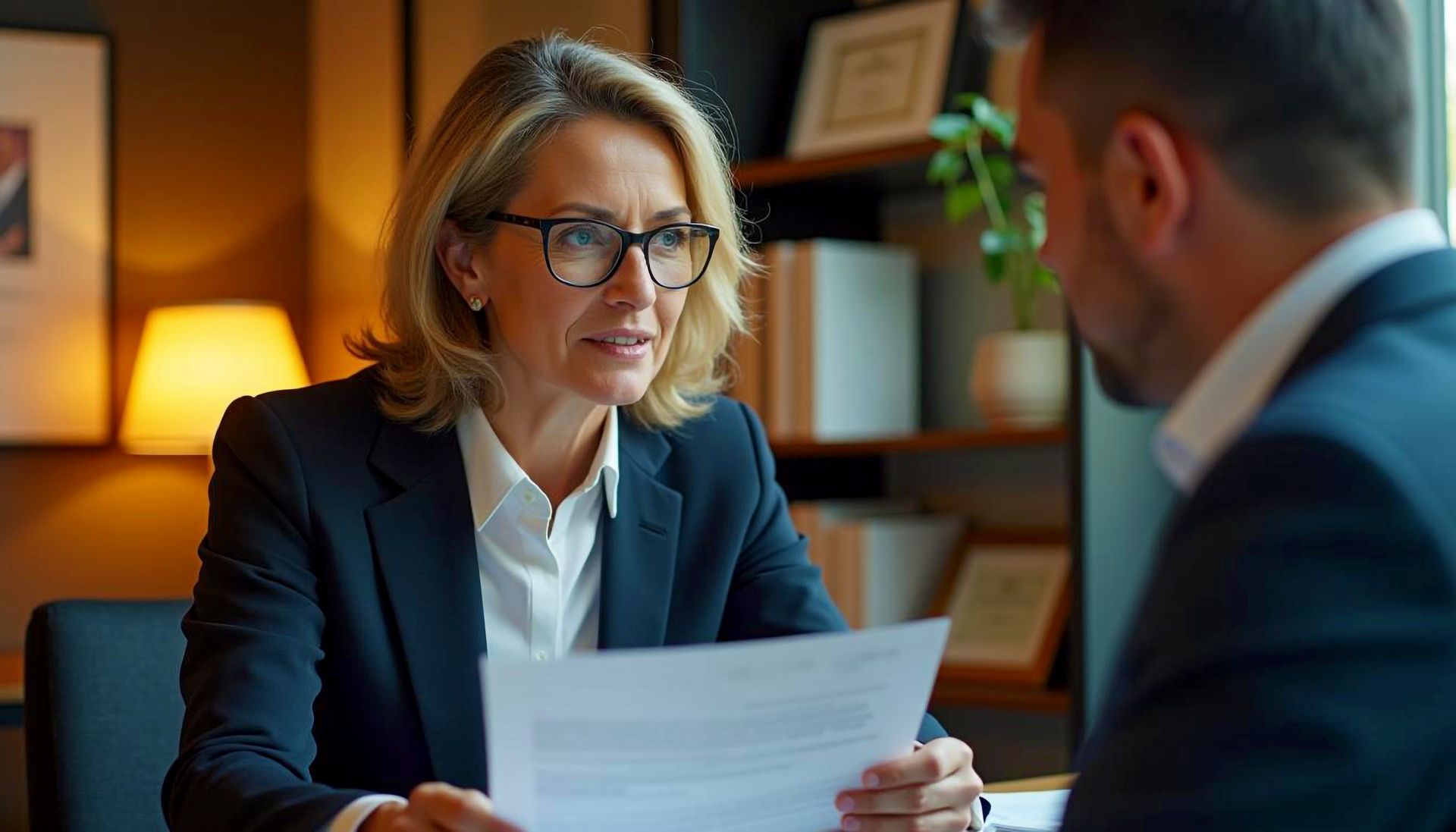 Legal professional reviewing documents with a client to evaluate possible defences for a driving while prohibited charge.