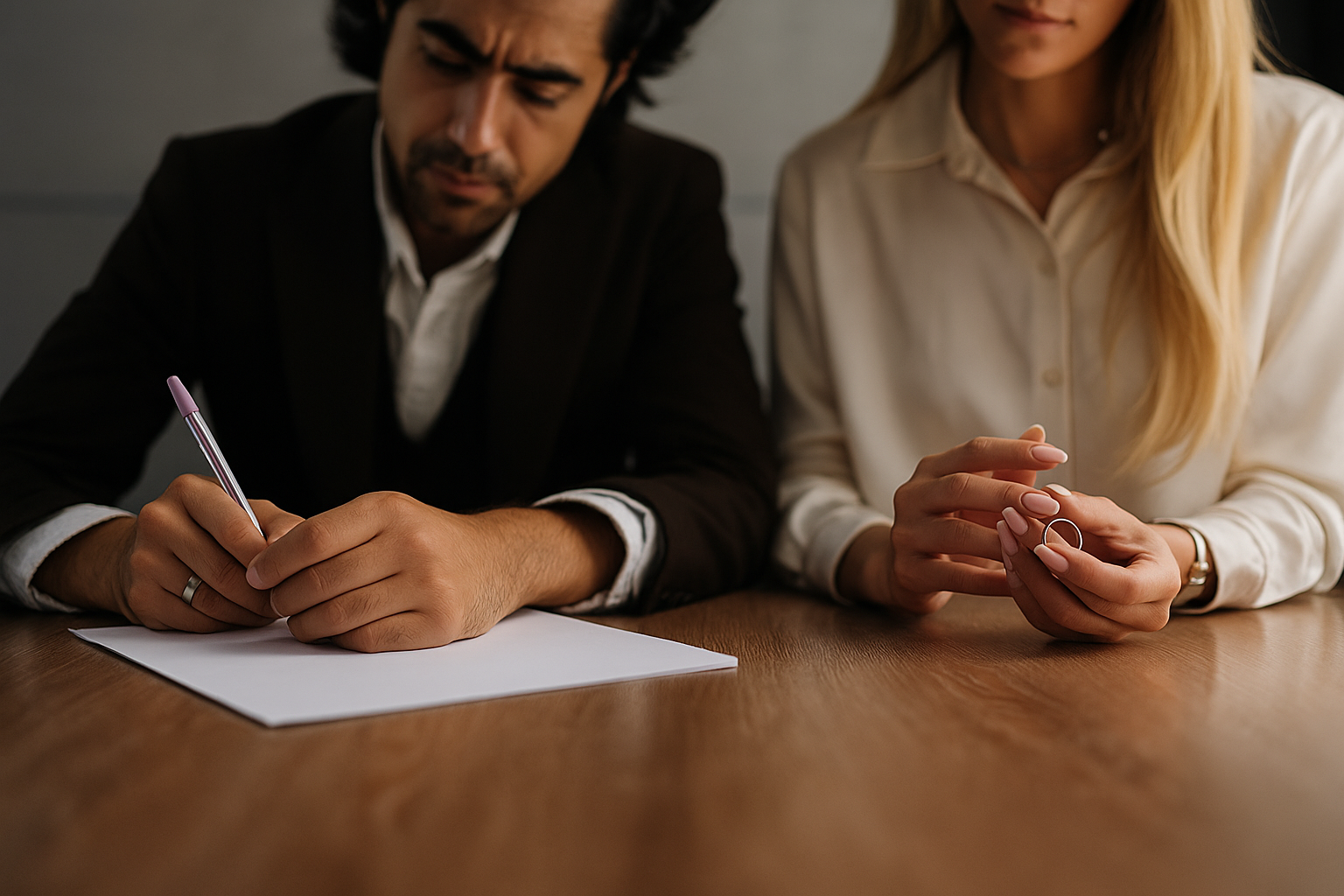 Couple signing uncontested divorce papers with paralegal in Ontario office