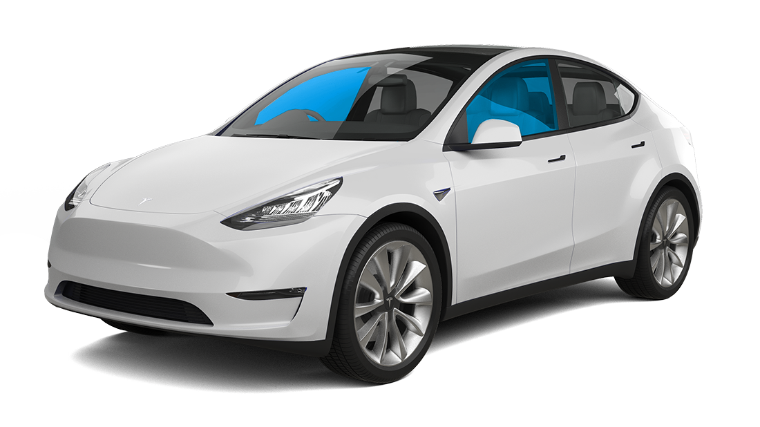 White Tesla Model Y electric SUV with blue-tinted windows, parked outdoors.