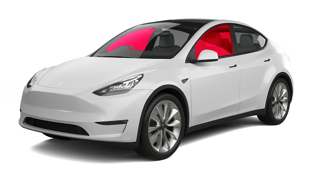 White Tesla Model Y with pink highlighting on the windows.