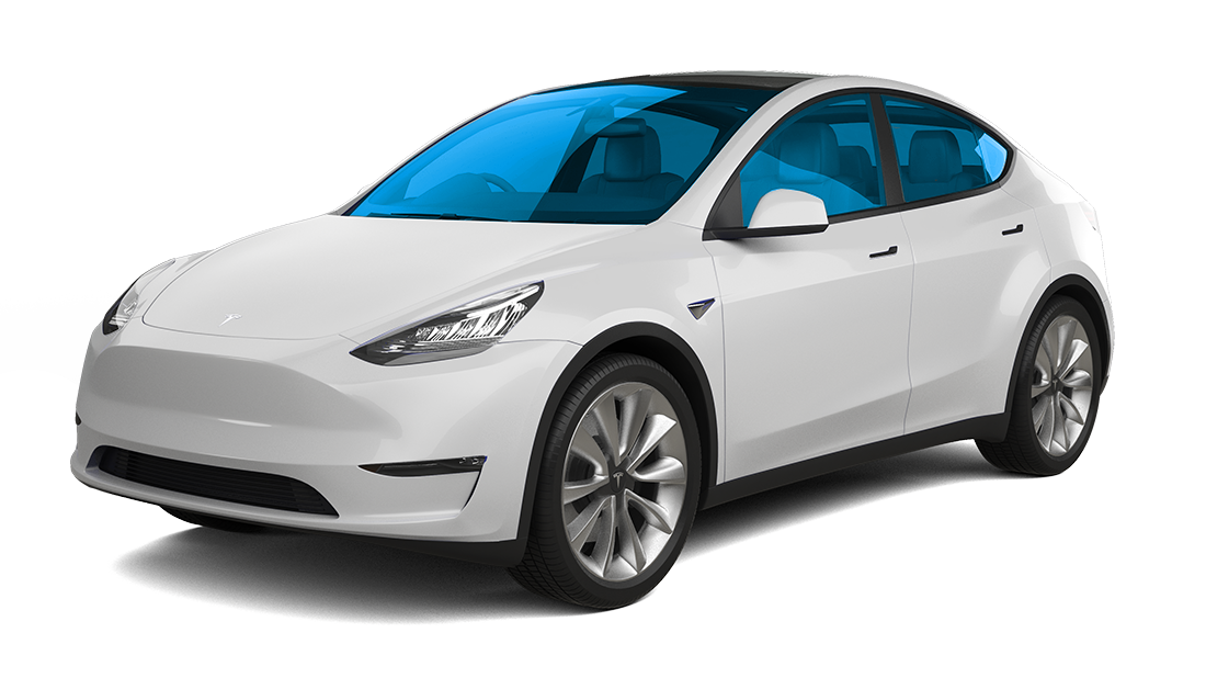 White Tesla Model Y electric SUV with blue tinted windows.