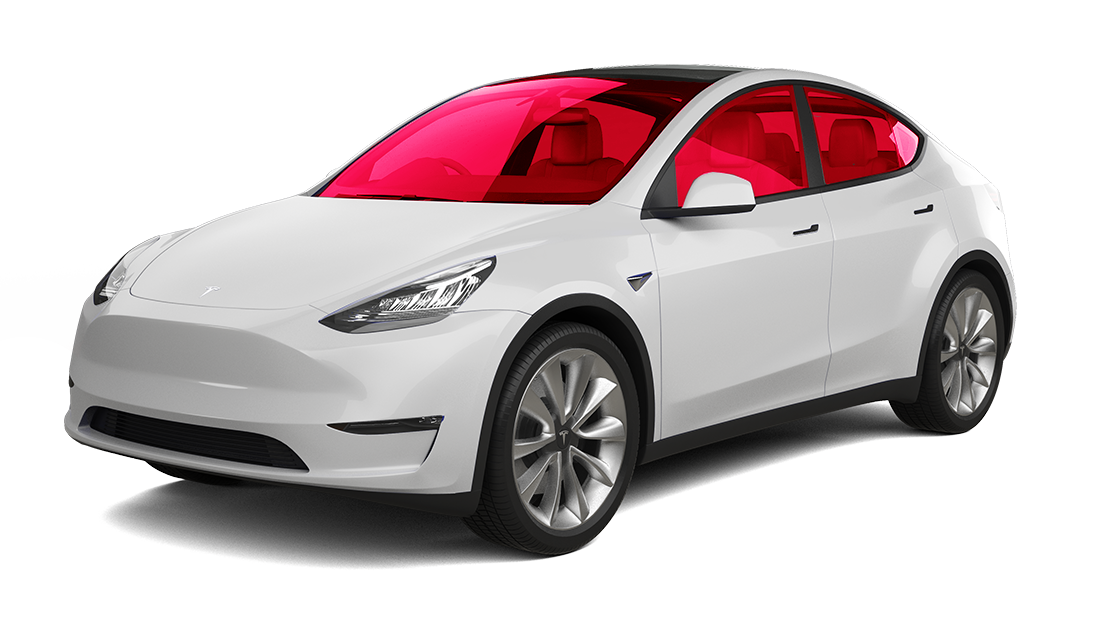 White Tesla Y with pink tinted windows.