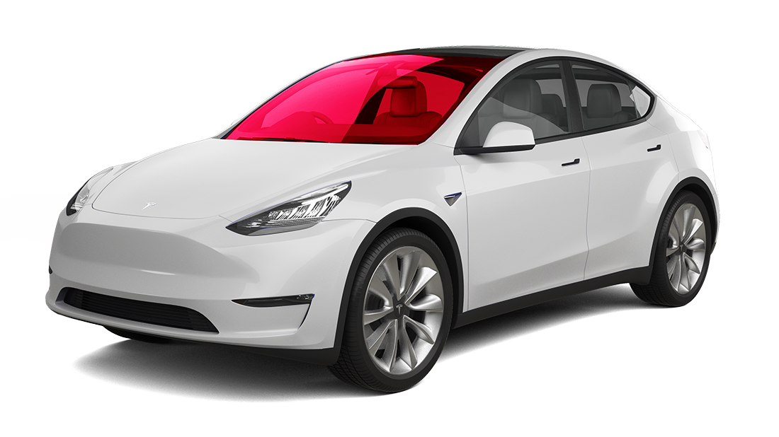 White Tesla Model Y with red tinted windows.