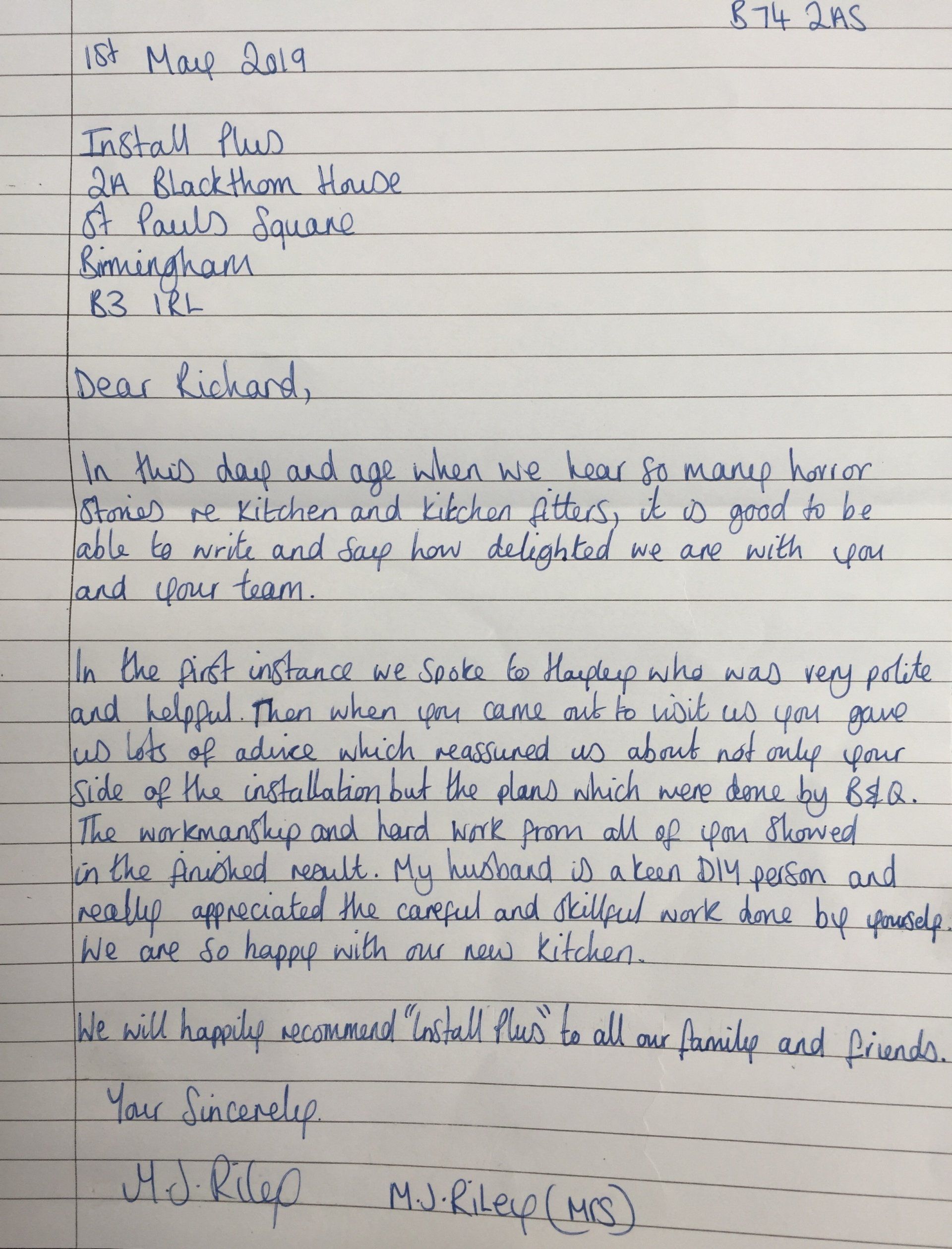 customers letter from new fitted kitchen
