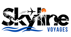 Logo for Skyline Voyages travel agency with a black and white design and teal accents.
