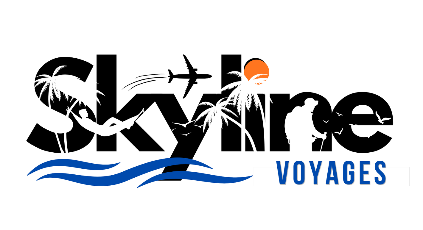 Logo for Skyline Voyages travel agency with a black and white design and teal accents.