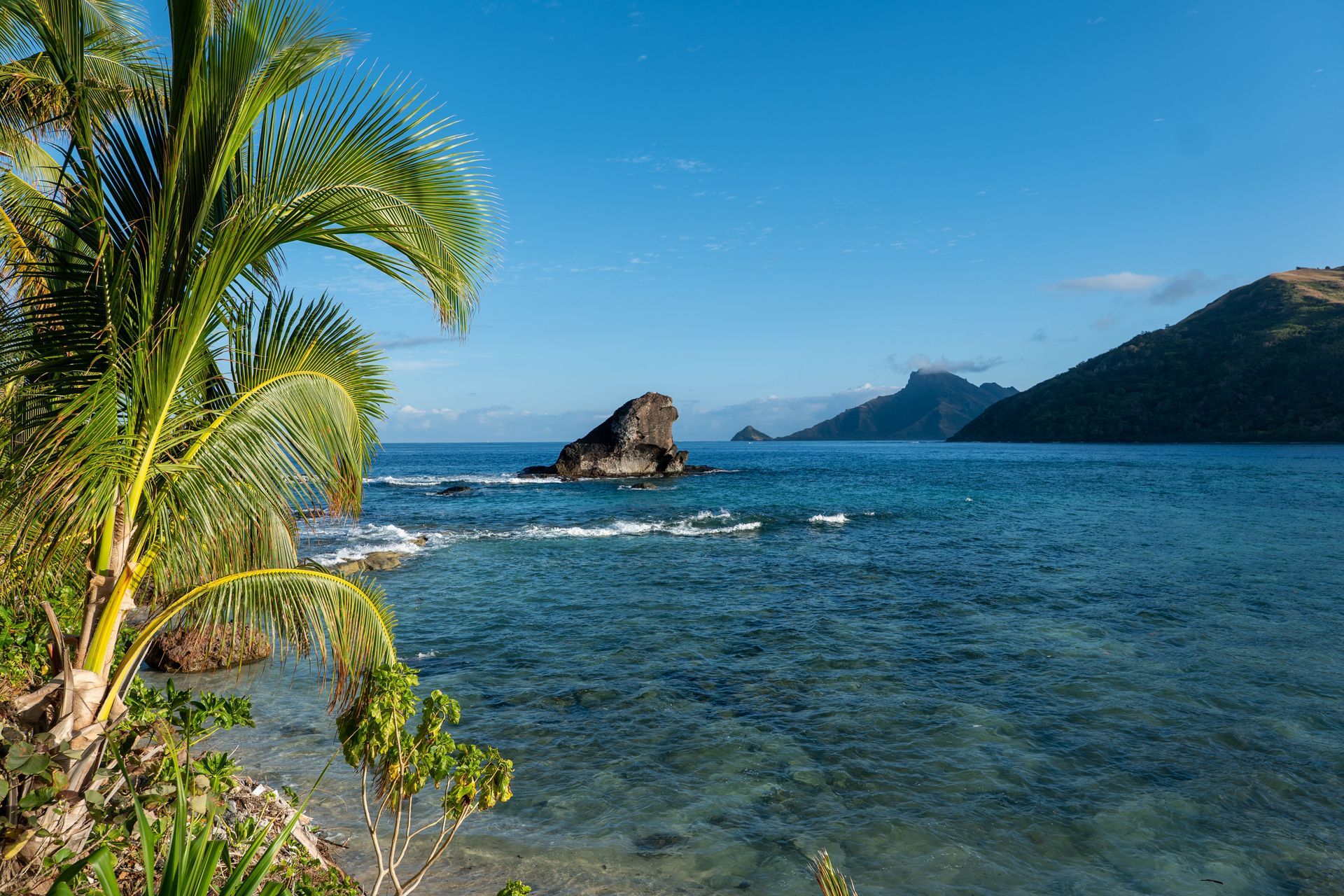Tropical shoreline with palm trees, clear blue water, and distant mountains under a bright sky