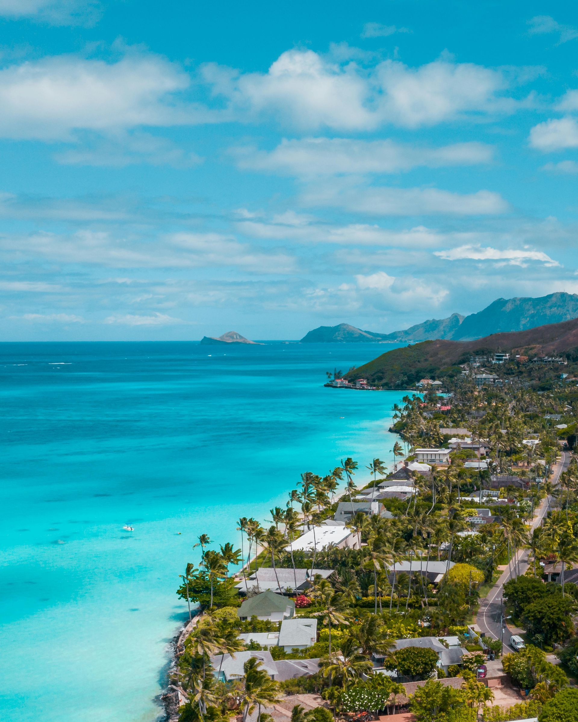Aerial view of a tropical coastline with turquoise water, white-sand beach, palm trees, and hillside homes