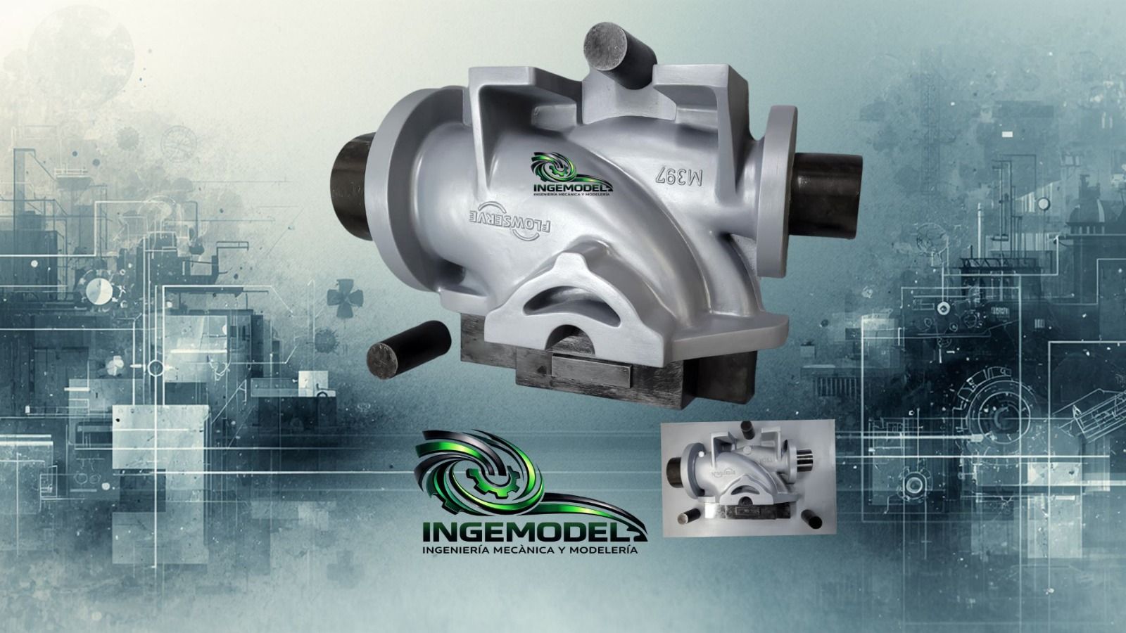 Dos moldes grises, potencialmente para fundición, con componentes adjuntos.