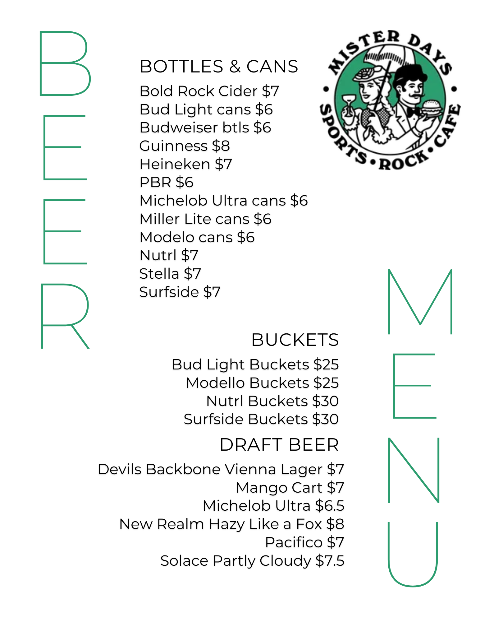 A menu for a restaurant called mister days.
