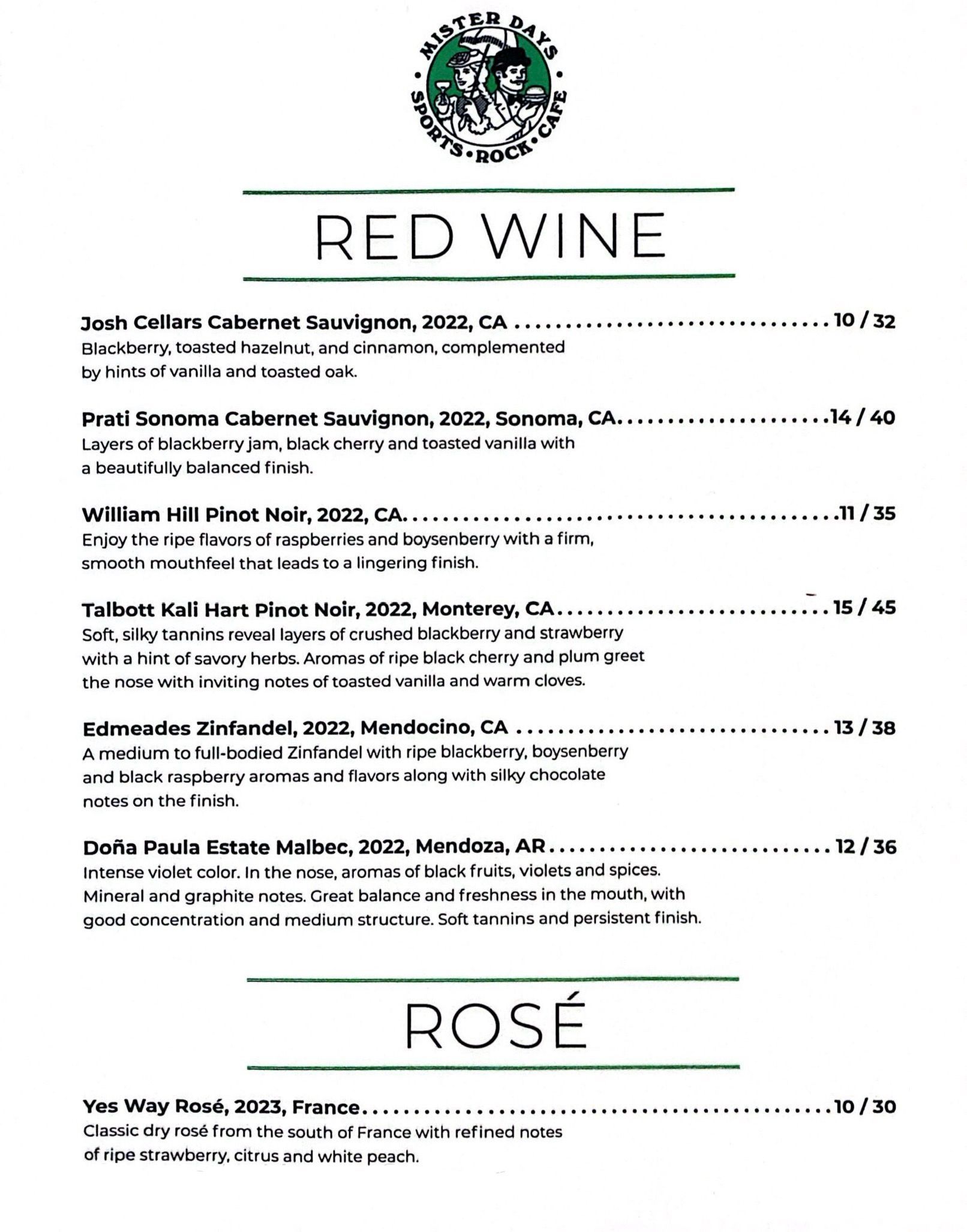 A menu for mister days shows a variety of drinks and cocktails.