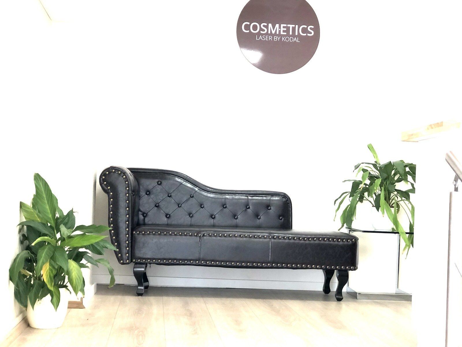 In einem Wartezimmer steht eine schwarze Chaiselongue neben zwei Topfpflanzen.