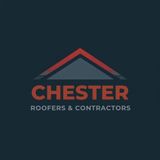 Logo for Chester Roofers & Contractors with a red roof icon over red text on a dark blue background.