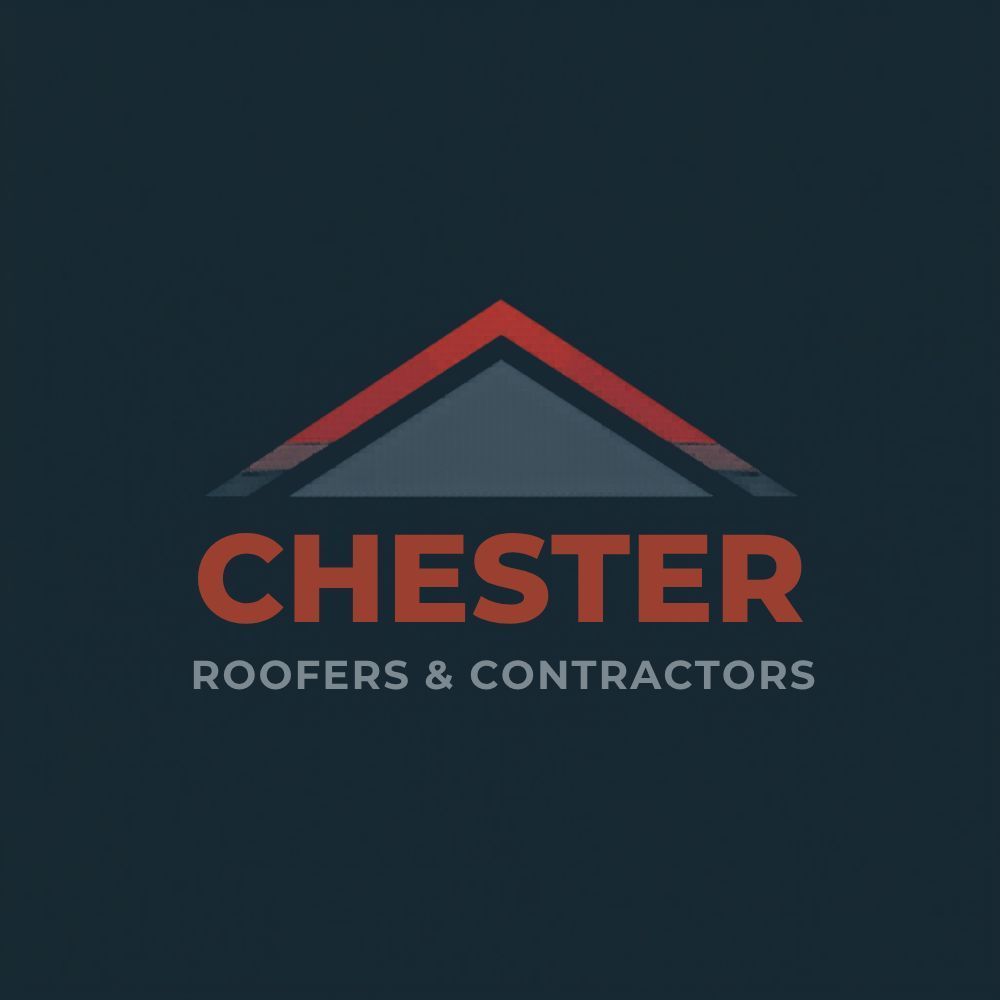 Logo for Chester Roofers & Contractors with a red roof icon over red text on a dark blue background.