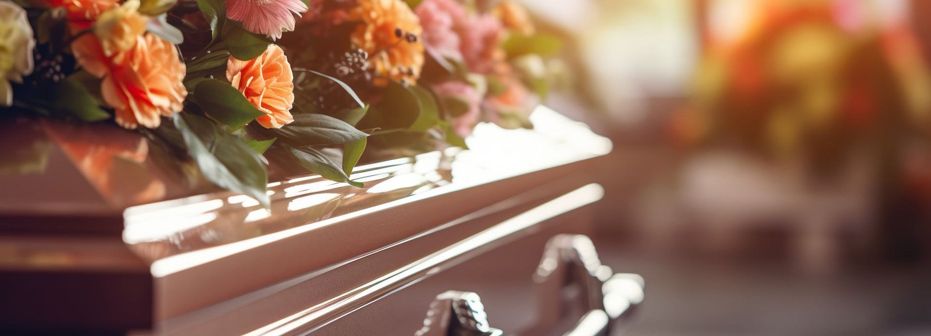 coffin with flower arrangements on top