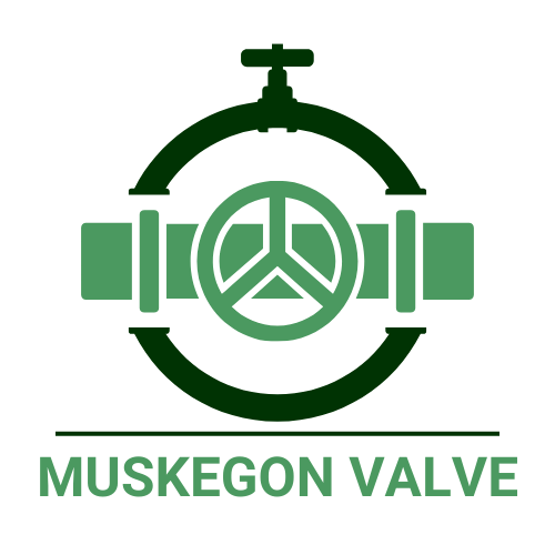 Logo for Muskegon Valve: green and dark green valve with text below.