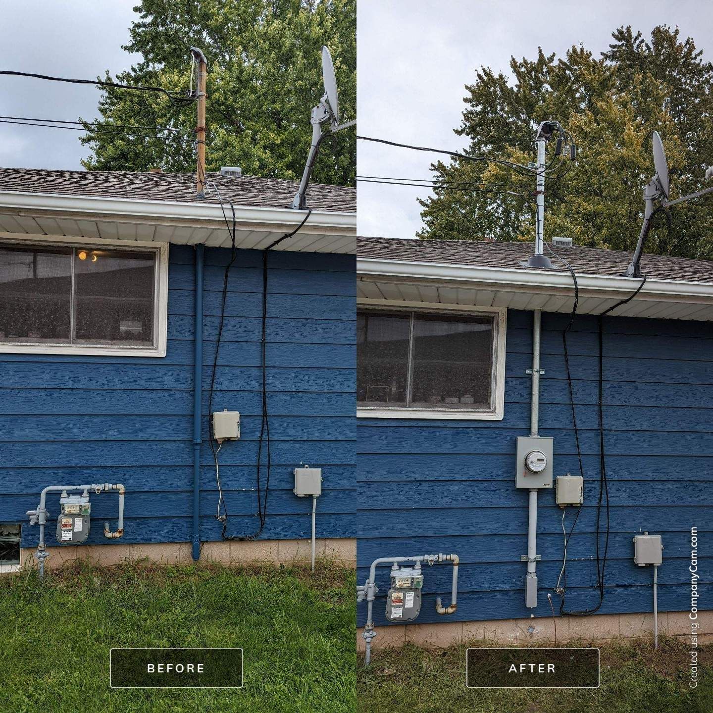 A before and after photo of a blue house