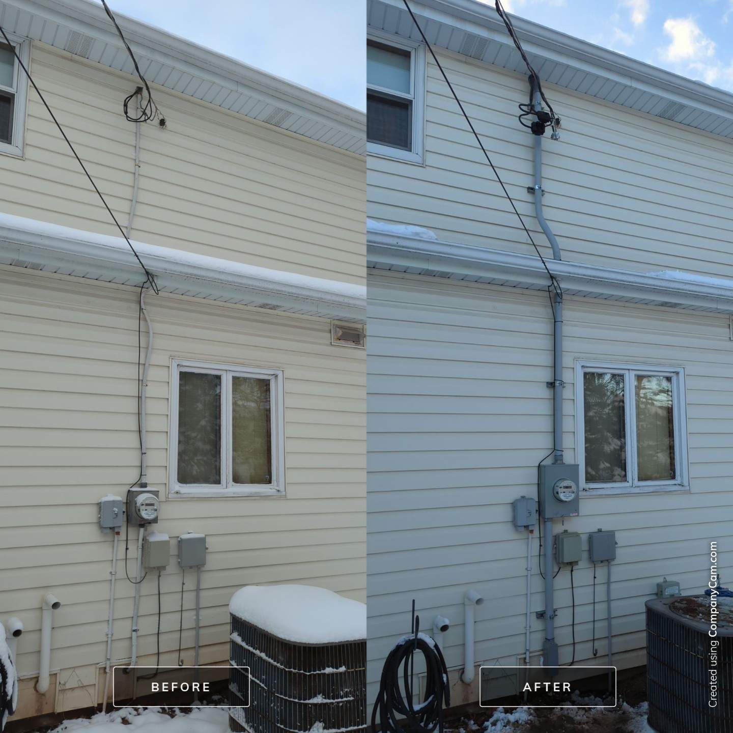A before and after picture of a house with an air conditioner
