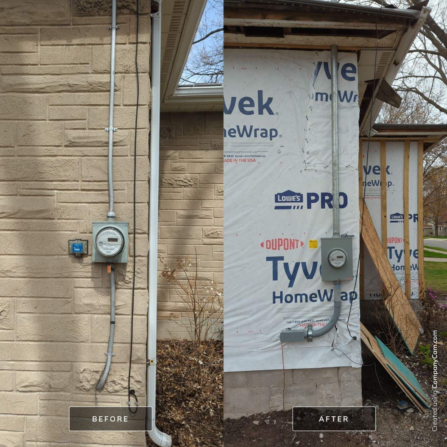 A before and after picture of a brick house