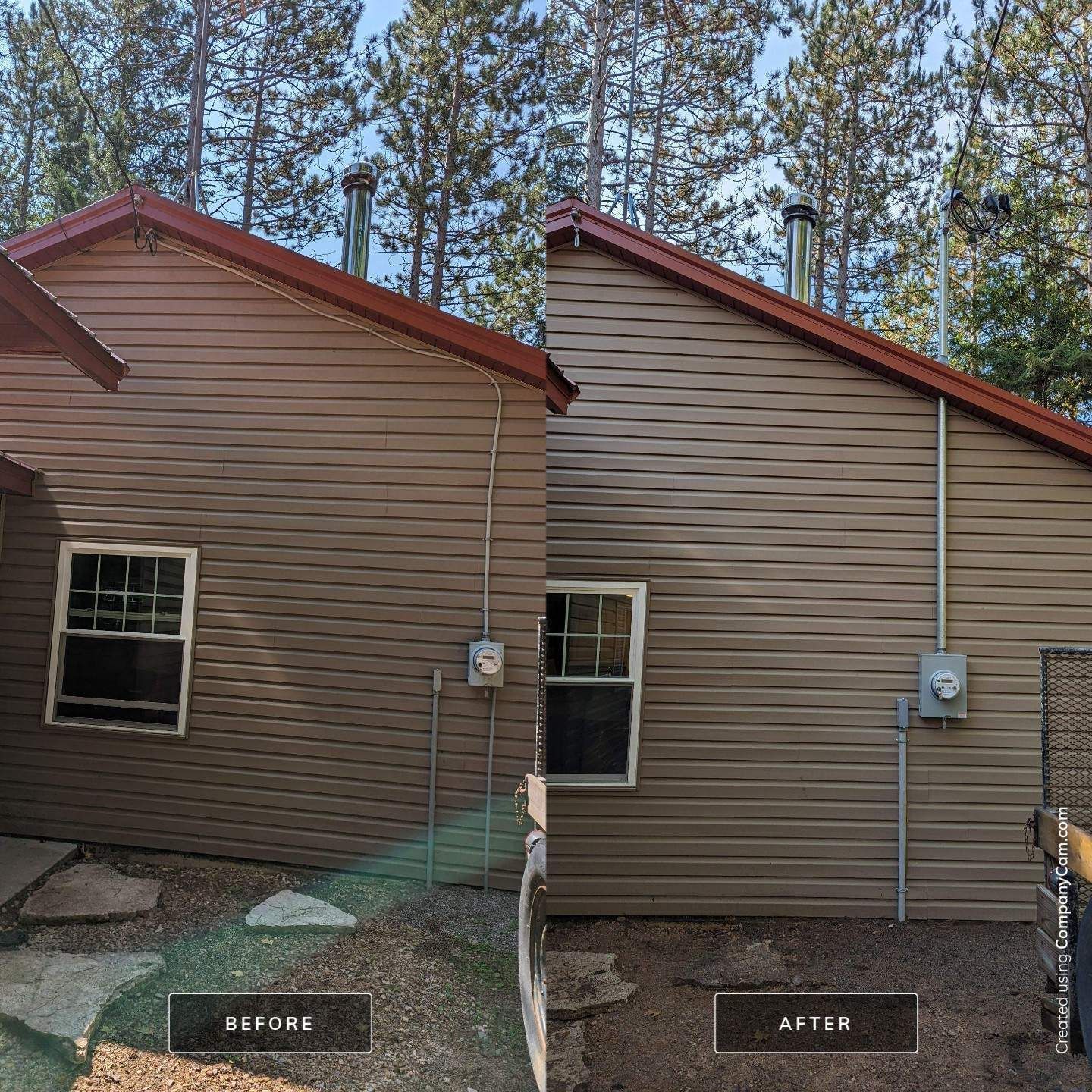 A before and after photo of a house with a red roof.