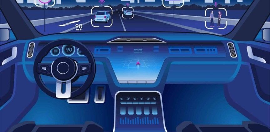 The interior of a futuristic car with a steering wheel and dashboard.