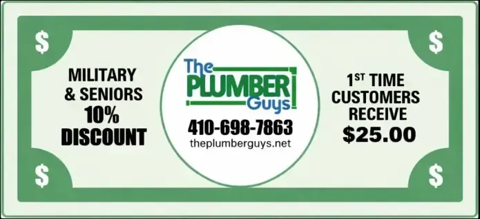 Green plumber's coupon: Military & seniors get 10% discount, 1st-time customers receive $25.00, phone number 410-698-7863.