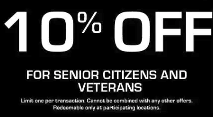 Black and white graphic: 10% off for senior citizens and veterans. Restrictions: one transaction, cannot combine with other offers, participating locations only.