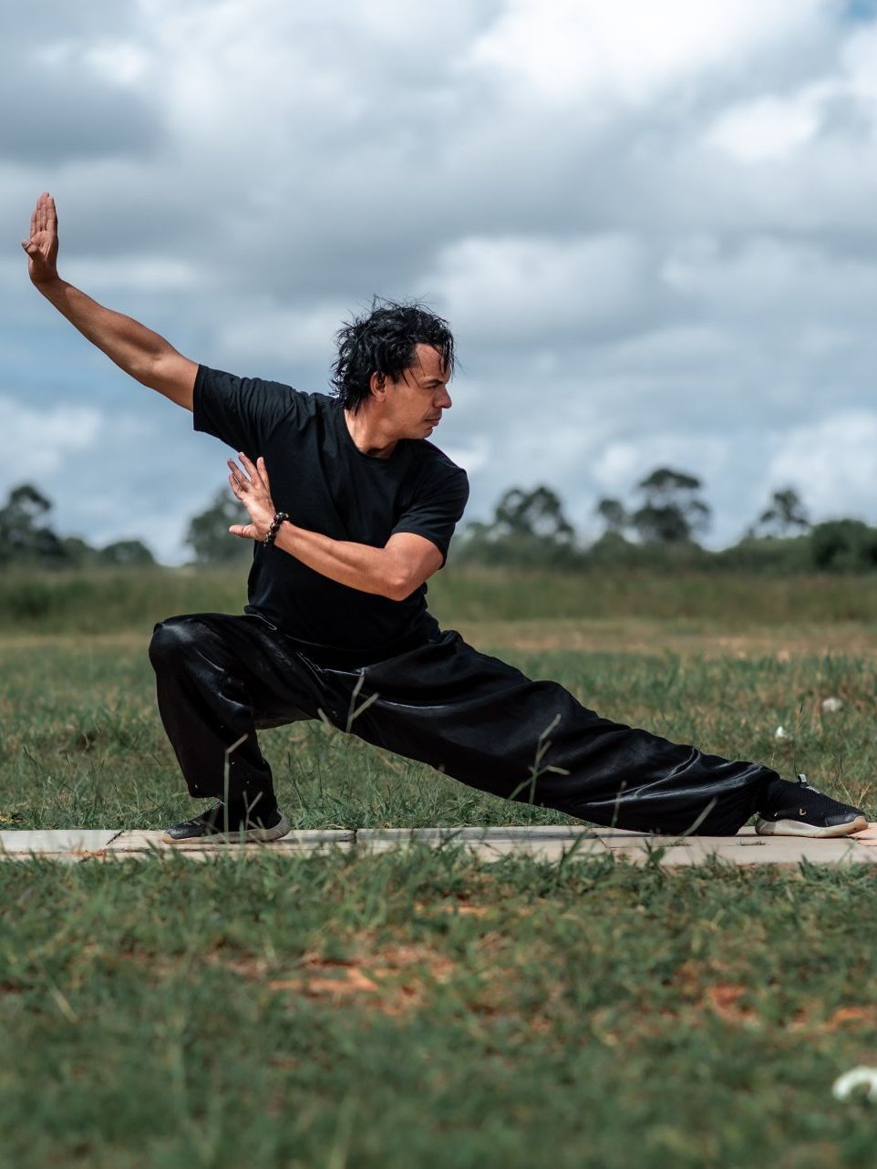 a man in a black shirt and black pants is practicing martial arts