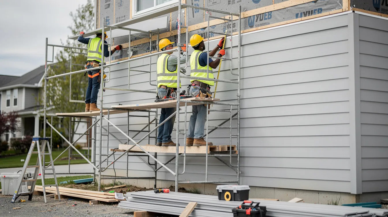 A group of construction workers is seen installing horizontal siding panels on scaffolding, showcasing various siding materials such as wood siding and vinyl siding. The scene emphasizes the professional installation process necessary for enhancing the home's exterior and curb appeal.