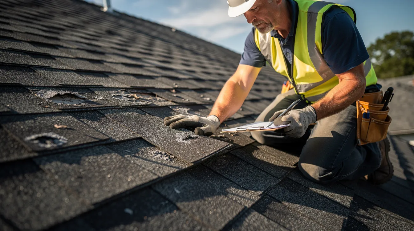 A contractor is closely inspecting asphalt shingles on a residential roof, ensuring quality and durability for the roofing project. This detailed inspection helps identify any potential issues and guarantees the effectiveness of the roofing services provided.