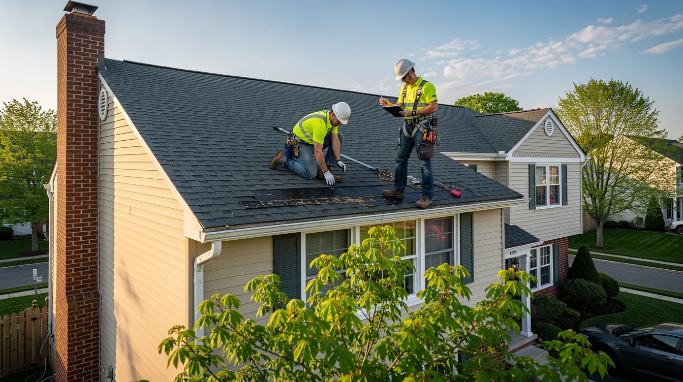 A team of roofers is inspecting asphalt shingles on a suburban home in New Jersey, assessing the condition of the roofing materials for potential repairs or replacement. This trusted NJ roofing company ensures quality workmanship while addressing the roofing needs of homeowners.