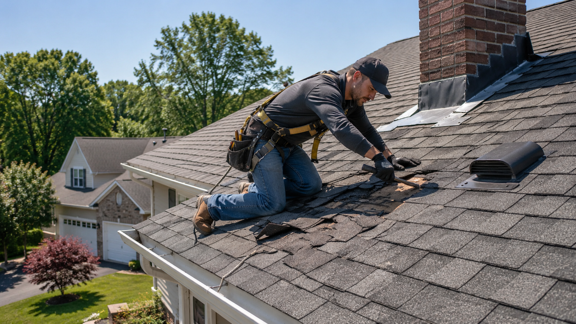 Roofing worker repairing shingles on a house roof beside a brick chimney