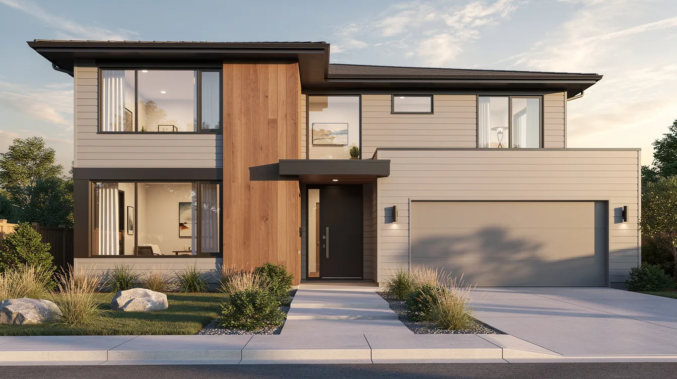 A modern two-story home features horizontal wood siding and clean architectural lines, showcasing a sleek and stylish design. The exterior elements combine high-quality materials, enhancing the home's curb appeal and energy efficiency.