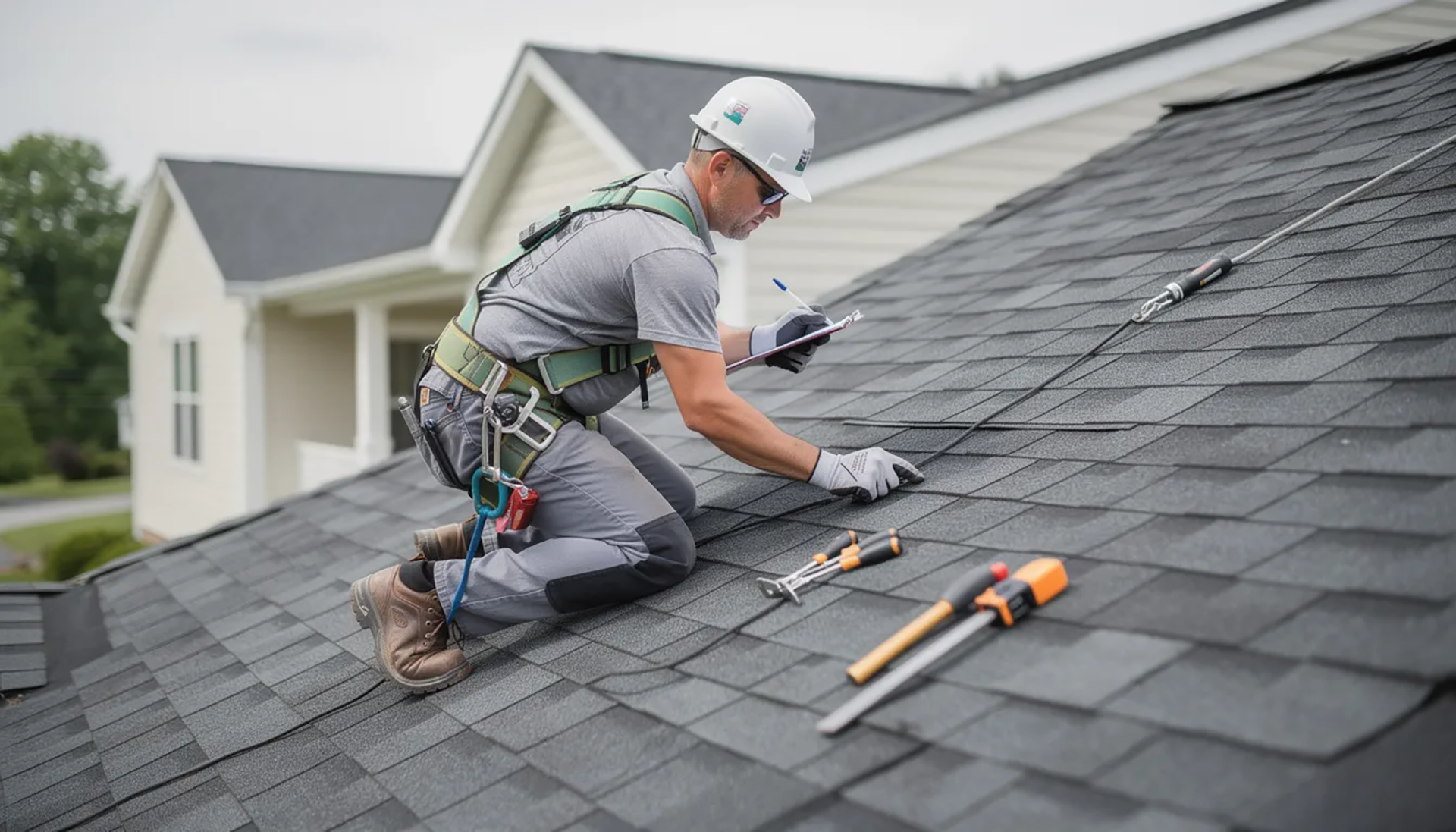 A professional roofer is inspecting asphalt shingles on a residential home roof, ensuring the roofin