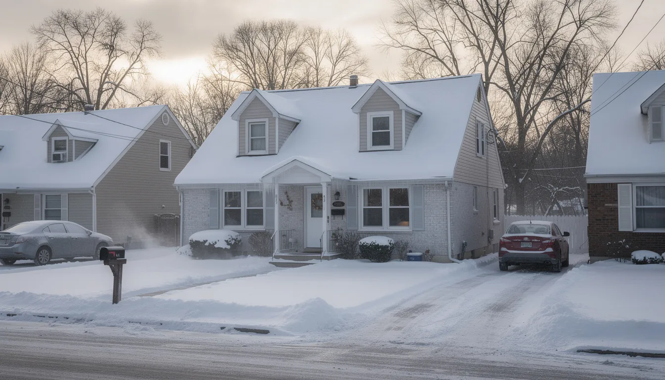 A residential home in a New Jersey neighborhood is blanketed with snow, highlighting its snow-covered roof. This winter scene emphasizes the importance of roof inspection and repair services for homeowners in Morris County, ensuring protection against storm damage and maintaining quality workmanship.