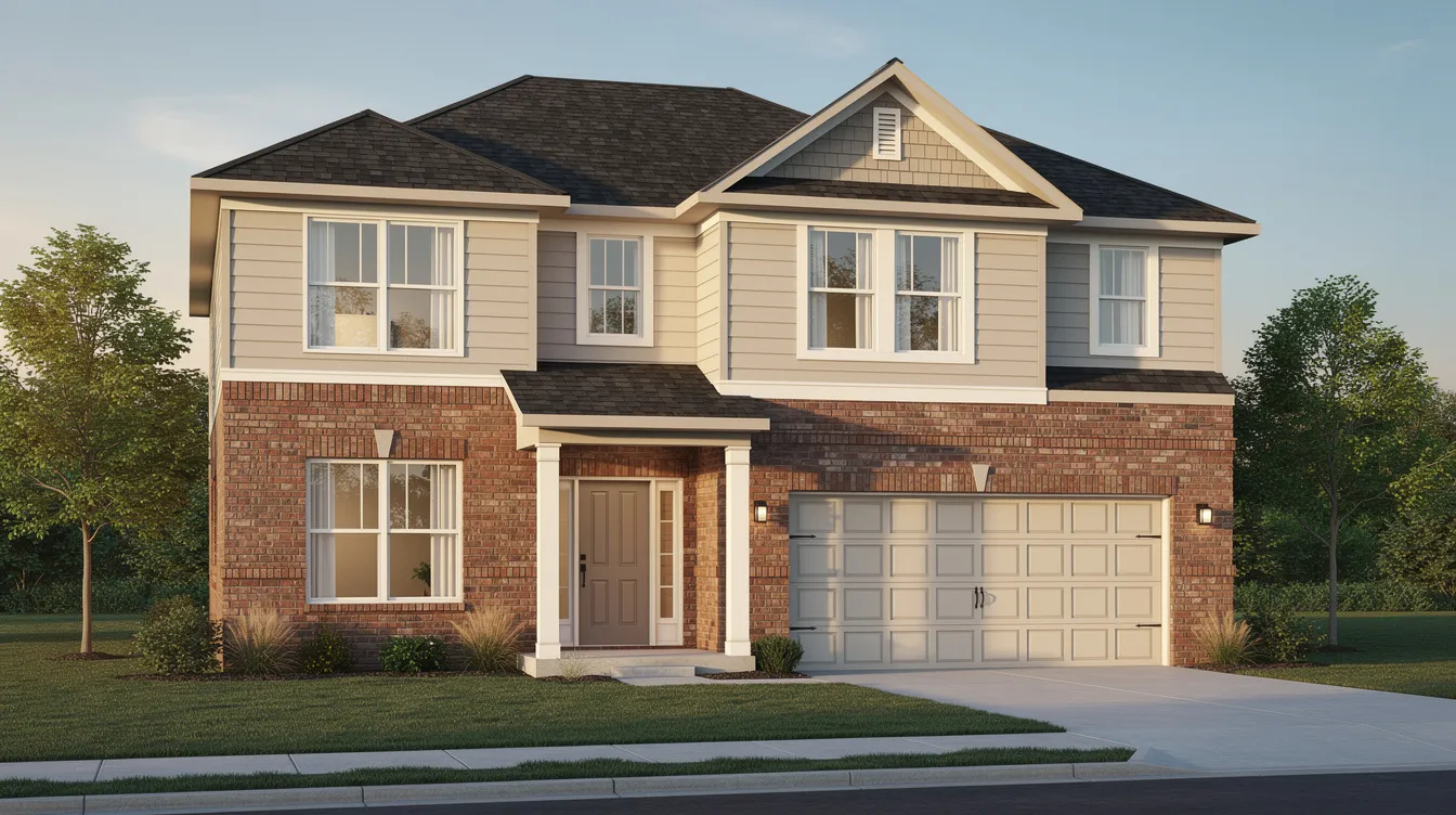 The image showcases a home's exterior featuring a stylish brick veneer accent on the lower level, complemented by wood siding above. This combination enhances the home's curb appeal while providing a modern look with durable materials.
