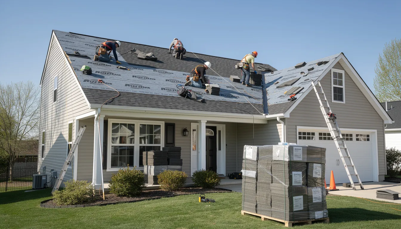A roofing crew is actively installing new asphalt shingles on a residential home, showcasing the professional work of roofing contractors dedicated to roof replacement. The image captures the team working efficiently to protect the house with durable roofing materials, ensuring a quality installation for homeowners.
