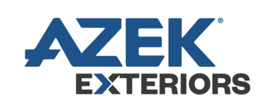 The azek exteriors logo is blue and black on a white background