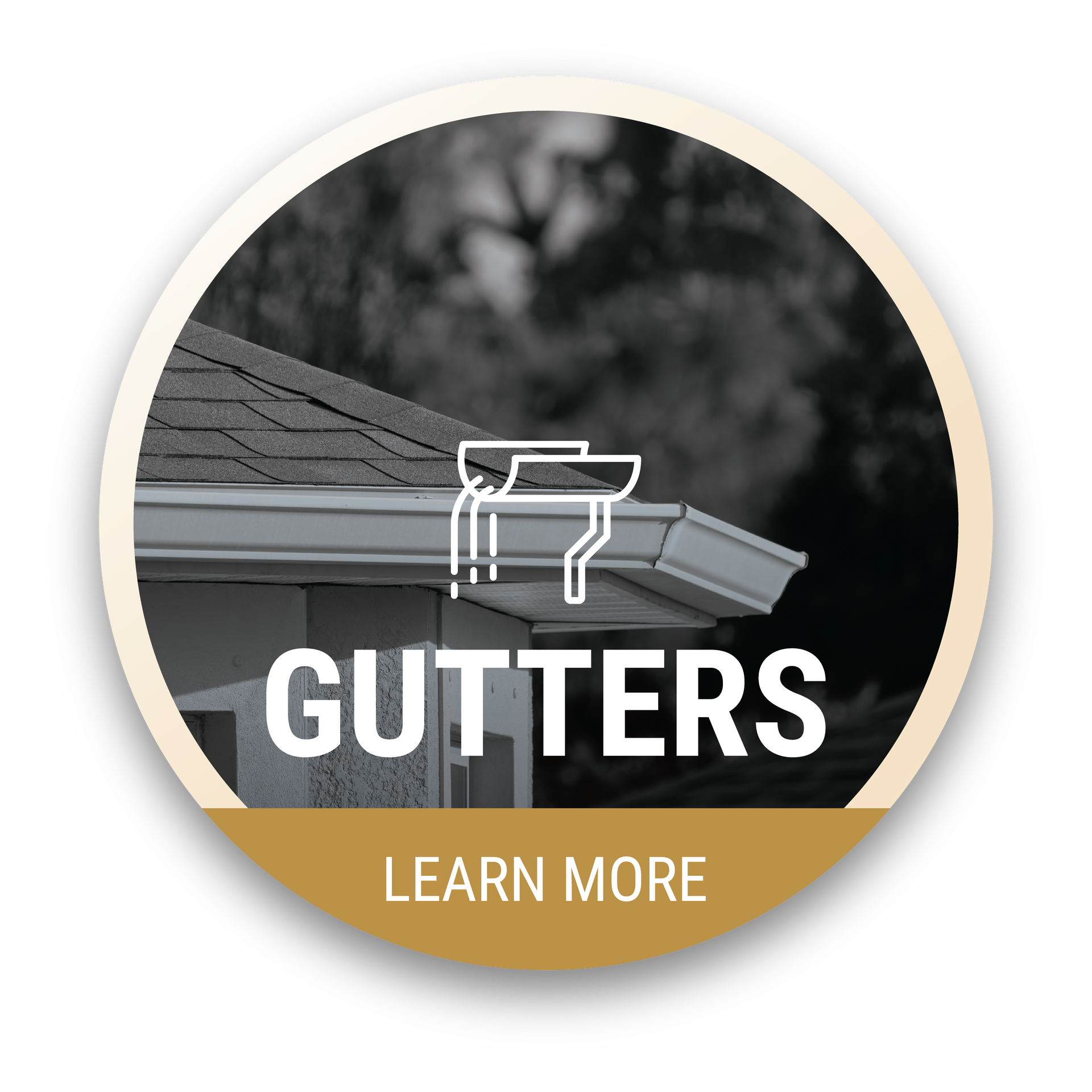 A gutters learn more button with a picture of a house