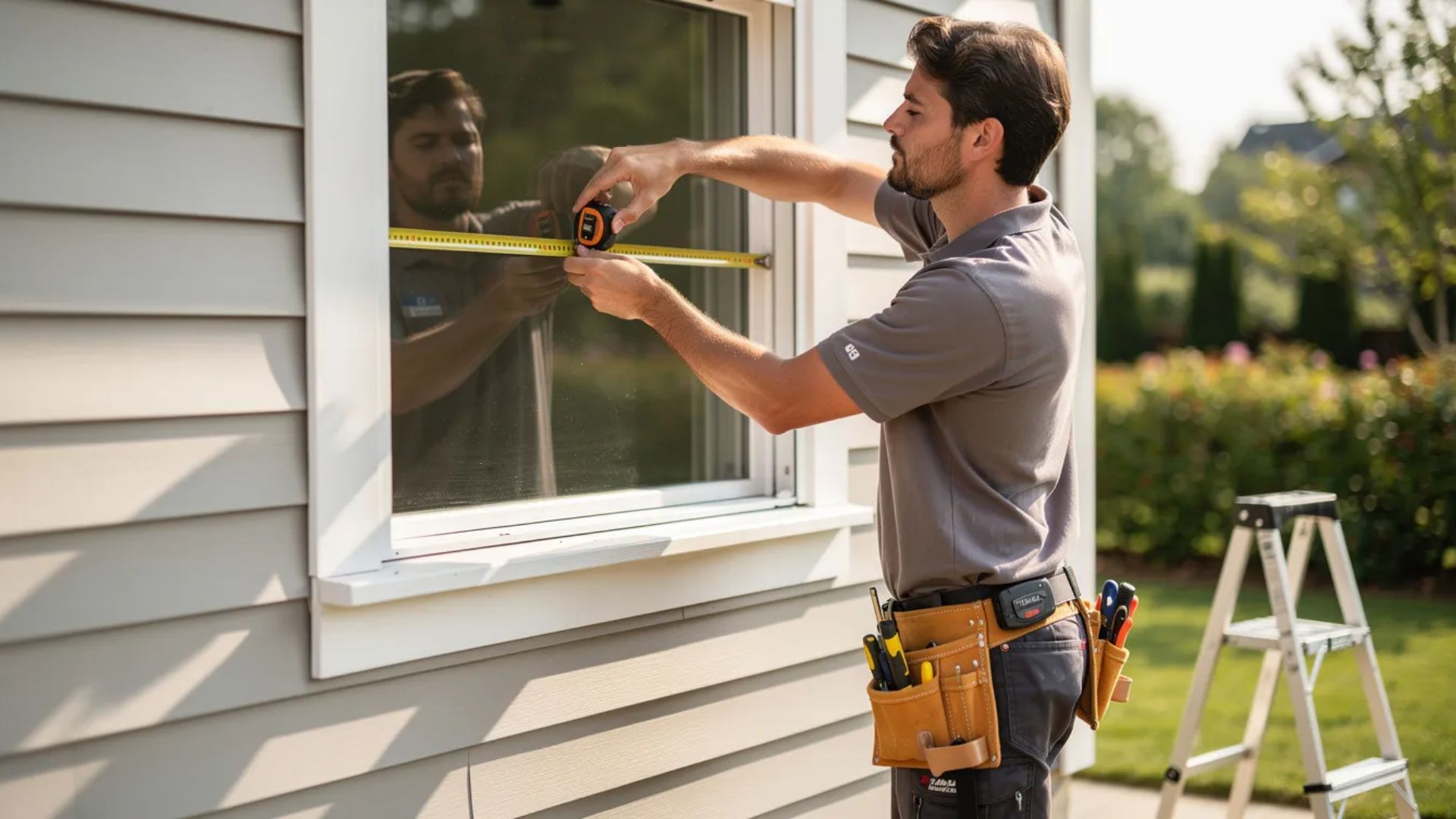 Worker measuring a window frame on a house exterior, with tools in a tool belt and a ladder nearby.