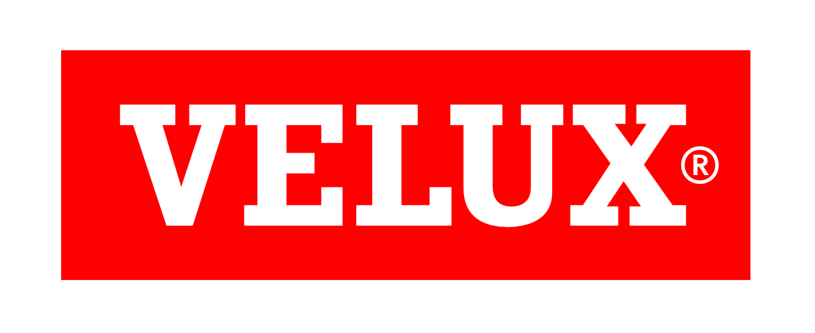 A red and white velux logo on a white background