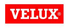 VELUX logo in white text on a red rectangular background