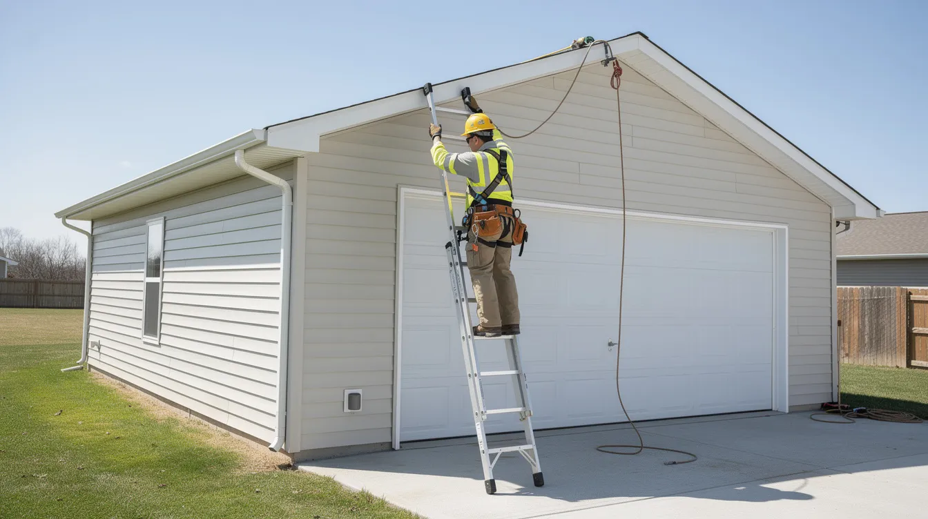 A stable ladder is positioned on level ground next to a detached garage, where a worker in safety gear is preparing to install gutters. The scene highlights the importance of proper installation to redirect rainwater and protect the garage's foundation from heavy rain.