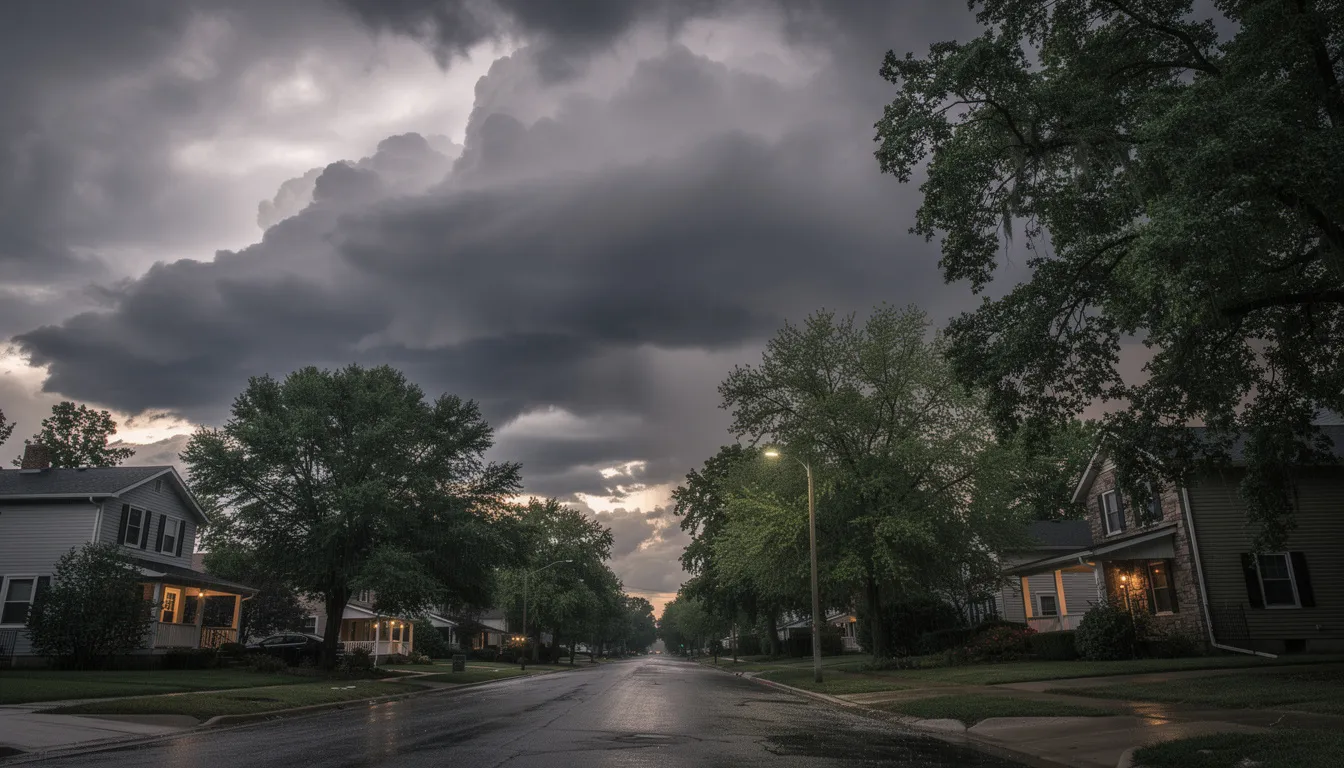 Dark, dramatic storm clouds loom over a residential neighborhood filled with mature trees, suggesting an impending storm that could potentially lead to roof damage. Homeowners in Morris County may need to consider roof inspections or repairs to protect their homes from storm damage.